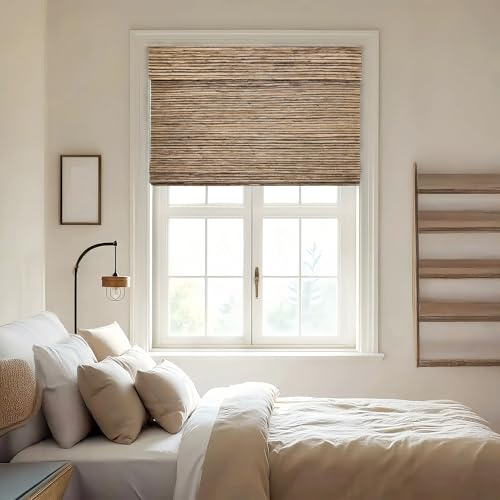Neutral Curtains Hazel Cordless Ramie Roman Shade No Drill Custom Made Light Filtering Blackout Bamboo Roman Window Shades for Kitchen Living Room, Chestnut