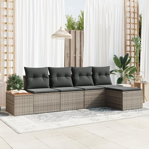 IBUQDDV 5-teiliges Garten Sofa Set mit Kissen Grau Poly Rattan Akazie, Modulares Outdoor-Ecksofa für Terrasse, Wetterfestes Polyrattan mit Stauraumfunktion und Bequemen Kissen