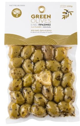 Nature Blessed Olive Verdi di Calcidica con Basilico, Timo e Limone, 3x220g | Olive verdi con basilico, timo e limone, ideali per aperitivi, insalate e piatti della cucina mediterranea