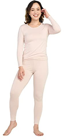 LAPASA Damen Innenfleece Thermounterwäsche Set, Thermooberteil & Thermohose Leggings Funktionsunterwäsche Sets, L17 Beige, 100 Warm, M