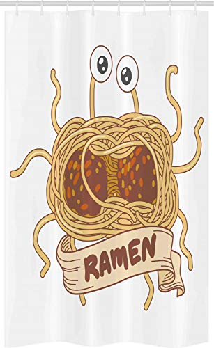 ABAKUHAUS Humorvoll Schmaler Duschvorhang, fliegendes Spaghettimonster, Badezimmer Deko Set aus Stoff mit Haken, 120 x 180 cm, Mehrfarbig