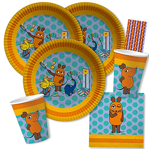 dh-konzept/spielum 44-teiliges Party-Set - Die Maus - Teller Becher Servietten Trinkhalme für 8 Kinder