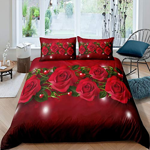 Loussiesd Rose Floral Print Comforter Cover Set for Girls Woman Romantic Rose Flowers Bedding Set Valentine'S Day Duvet Cover Soft Bedspread Cover,Room Decor 3Pcs Bedding Super King Size
