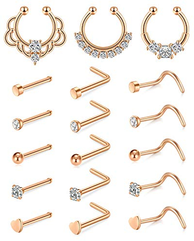 JFORYOU 20G Nasenpiercing Chirurgenstahl L Förmig Nasenstecker Spirale Nase Stecker mit Strass Nase Piercing Set Septum Piercing Schmuck 18 Stück