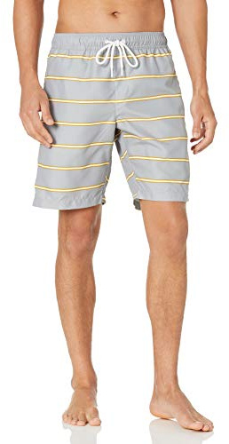 Amazon Essentials Short de Bain de 23cm avec Doublure en Maille Poches Fermeture à Cordon Homme, Gris Rayures, S