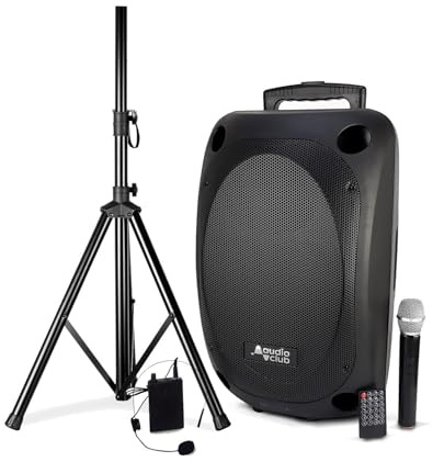 Pro Portable Speaker 12 Inches 350/700W Audio Club MOOV12 USB BT Line FM Battery 2 Microphones UHF + Stand