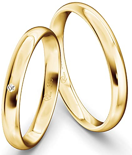 JC Trauringe Gelbgold 333 Paarpreis Eheringe Gold I Verlobungsringe Gold breit 3,0 mm I Partnerringe mit Gravur in edler Schatulle I 2 Hochzeitsringe Herrenring & Damenring mit Stein I Profil 06
