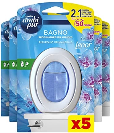 Ambi Pur Bagno Profumatore Per Ambienti, 5 Profumatori Bagno, Fragranza Lenor Risveglio Primaverile, Diffusore Ambiente Con Tecnologia Elimina Odori, Durata Fino a 45 Giorni Per Profumatore