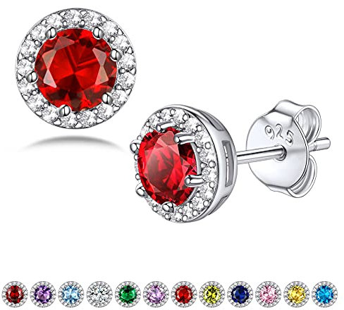 Bestyle Ohrstecker Silber 925 Damen Runde Rubin Ohrringe Stecker mit 3A Zirkonia Kristall, Halo Solitär Ohrstecker, Rot Stein Ohrschmuck für Frauen Mädchen