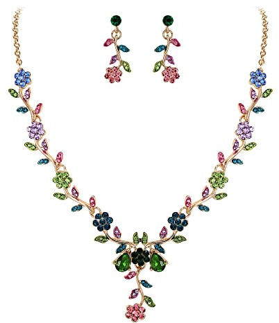 Clearine Juegos de Joyas Conjunto de Joyería de Boda Collar con Colgante de Cristal de Flor de Racimo de Hojas, de Aretes Colgantes,Color Multicolor Oro-Tono