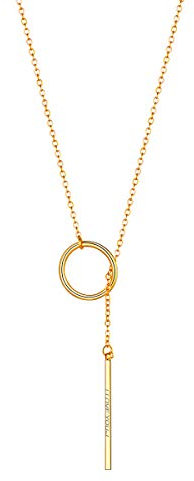 FOCALOOK Damen personalisiert Collier 18k vergoldet Ring und Stäbchen Anhänger mit 73cm lang Kette Name Gravur Lariat Halskette Y-Kette trendig Modeschmuck für Frauen Mädchen V-Ausschnitt Kleid