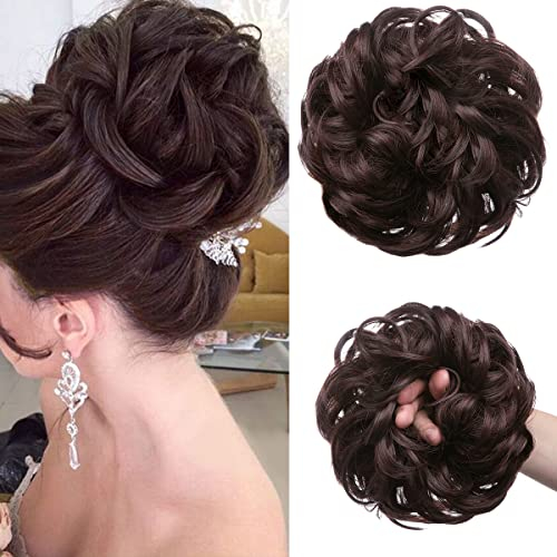 JJstar Haarteil Mit Gummiband, Groß Dutt Haarteil Gelockt Haargummi Mit Haaren Hochsteckfrisuren Haarverlängerung Messy Bun Haarteile für Damen Mädchen Pferdeschwanz (Kastanienbraun)