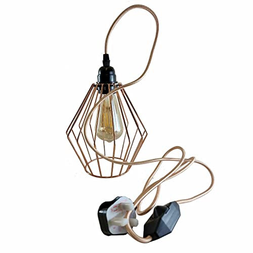 LEDSone Industrial Plug in Hanging Pendant Light with Dimmer Switch, Fabric Cord Metal Rose Gold Diamond Cage Lighting Fixtures for Home, Kitchen, Living Room, Bedroom, Garage (4m)