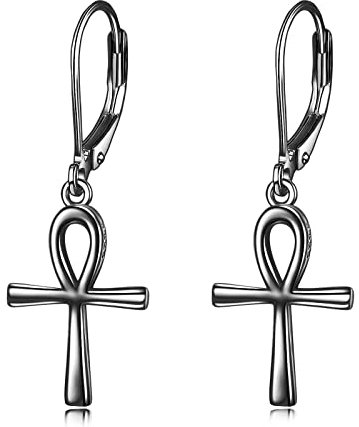 POPLYKE Schwarz Ägyptische Knöchelkreuz Leverback Ohrringe Damen S925 Sterling Silber Schwarzes Kreuz Dangle Ohrringe