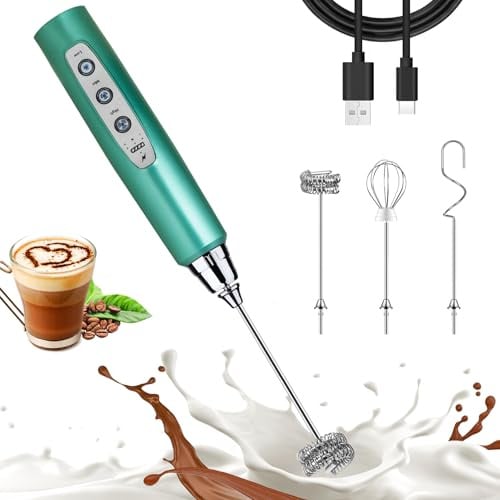 Montalatte portatile per caffè, frusta elettrica ricaricabile con 3 teste a 3 velocità mixer schiuma creatore per latte, cappuccino, cioccolata calda, uovo - verde
