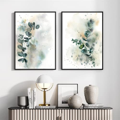 OTURRI Aquarell-Eukalyptus-Wand Bilder abstrakte Leinwandbild minimalistische grüne Blätter Poster Kunstdrucke Bilder Wohnzimmer Schlafzimmer Wohnkultur 60 x 80 cm x 2 ungerahmt