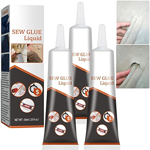 Cloth Repair Sew Glue 50ml, Liquid Stitch Permanent Fabric Glue, Clear Quick Dry Washable Multi Fabric Sew Glue for Clothing Cotton Flannel Denim Leather (3Pcs)
