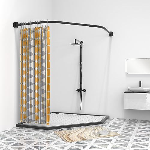 Misounda Duschvorhangstange Schwarz, Duschstange Ecke für Duschvorhang, 70x(65-90) x70 cm Edelstahl Duschvorhang Halterung mit Edelstahl Ringe, für Badewanne Ecke Badezimmer und Umkleidekabine