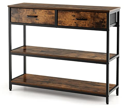 LIFEZEAL Konsolentisch 3 Etagen, Eingangstisch mit 2 Schubladen, Flurtisch mit Metallrahmen, Wohnzimmertisch Industriestil, 100 x 30 x 80 cm, rustikales Braun