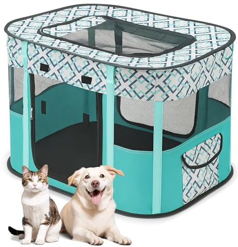 ALLSOPETS Welpenauslauf Faltbar, Laufstall für Hunde, Grün Kariert, XXL | Tragbarer Welpenlaufstall für Hunde und Katzen mit Tragetasche, Indoor Outdoor Hundebox für Reisen, Camping und Zuhause