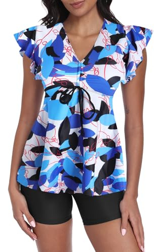 Camiseta de Bikini Separada para Mujer con Estampado de Hojas, Mangas con Volantes y Cuello en V con Cordón Ajustable Diseño Suelto y Flotante Moda de baño