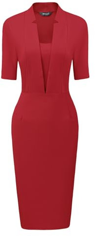 Allegra K Sheath Dress for Women's V Neck Short Sleeve Work Office Bodycon Midi Dresses Red XL