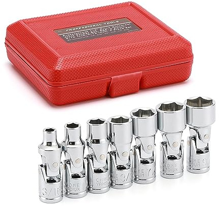 EMENTOL 7PCS 1/4 Drive Universal Joint Socket Set, 6 Point, SAE Universal Flex Socket Set, CR-V, Swivel Head, 3/16 Inch - 9/16 Inch