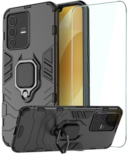 DERHAN Hülle für Vivo V23 5G mit Ring Halter, Handyhülle mit Ständer + Schutzfilm, Panzerhülle Handy Hüllen Handytasche Staubschutzhülle Stoßfest Schutzhülle - Schwarz