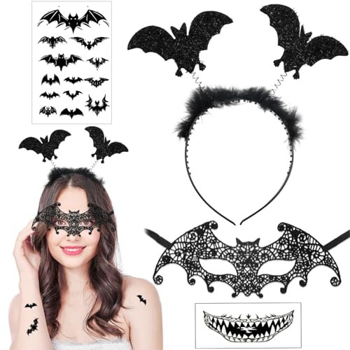 Huahuanghui Fledermaus Haarreif Maske Set 4 Stück, Fledermaus Haarschmuck, Fledermaus Maske, Fledermaus Tattoos, Halloween Karneval Fledermaus Accessoires