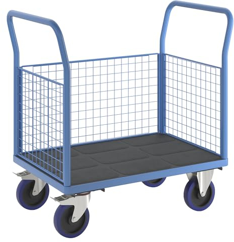 eurokraft | Plattformwagen mit Gitterwänden | Vollelastik-Rollen | 3 hohe Gitter | LxB 1000 x 675 mm