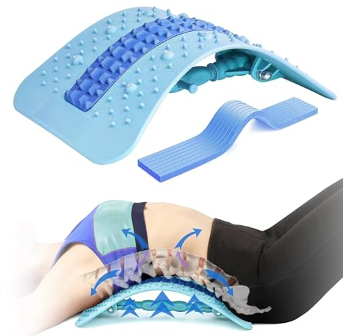 Rückenstrecker, Rückenmassagegerät, 2025 Verbessert Rückendehner für Unter und Ober Lendenwirbelsäule, mehrstufige Lendenwirbelstütze mit Massage-Punkte für Bandscheibenvorfall, Skoliose, Blau