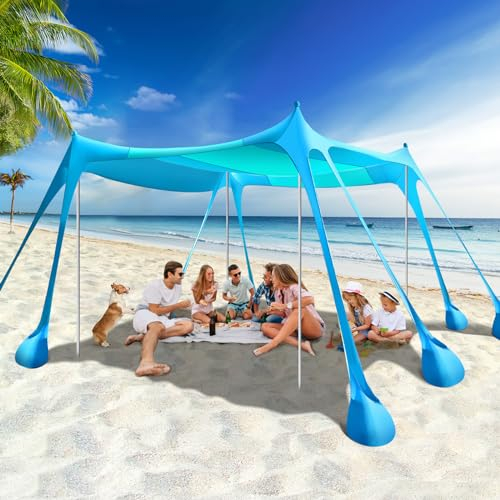 Rhino Valley 3x3M Tenda da Spiaggia Ultra Stabile Portatile, Protezione UV UPF50+ Tenda da Mare per 6 Persone Super Antivento con 8 Ancoraggi a Sabbia Riempibili e 4 Aste in Alluminio, Cielo Blu