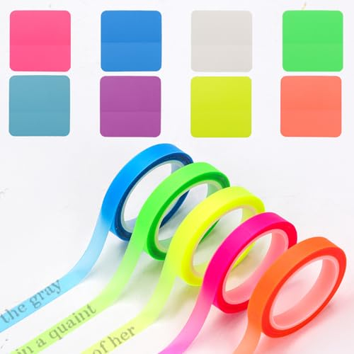 PEUTIER 5 Rotoli Nastro Evidenziatore e 8 Pezzi Piazza Note Adesive Trasparenti, Nastro Trasparente Colorato Nastri Adesivi Fluorescenti Note Adesive Colorate per Studenti Insegnanti Aula Ufficio