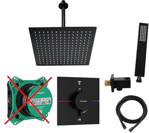 vanvilla Duschsystem mit Unterputz Thermostat Duscharmatur von Hansgrohe Ecostat Comfort E und vanvilla Regendusche mit Armatur, Duschkopf eckig, Dusch-SET HGS204-ob schwarz matt