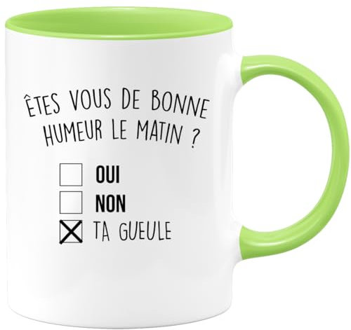quotedazur Café-Croissant - Mug Personnalisé Humour Êtes- Vous De Bonne Humeur Le Matin Oui Non - Cadeau Noël Original Drôle Anniversaire Tasse Collègue Homme Femme - Vert/Céramique