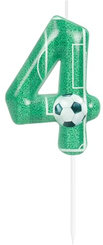 Yiran Football Number 4 Candle, Green Happy Birthday Cake Topper, Decorations for Boys Kids Football Theme Party Supplies