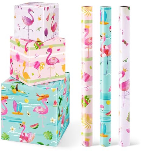 WERNNSAI Flamingo Geschenkpapier – 3 Rollen Flamingo Geburtstags Geschenkpapier Mädchen Kinder Sommer Luau Hawaii Geschenkverpackung Geburtstagsparty Geschenkpapierrollen mit Schnittlinien 43 cm x 3 m