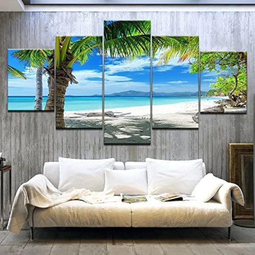 Impressions Sur Toile,5 Tableau Peinture,Chambre Décoration Palmier Plage Maldives Modulaire Panneaux Motif Cadeau D'Anniversaire 100 X 50 Cm Affiche De Photo D'Art De Mur D'Hôtel De Bureau -3M2J+Z6O5