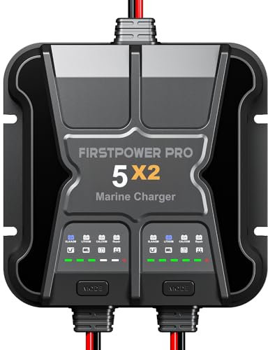 2 Bank Marine Battery Charger 5X2, 10A (5A/Bank) - 12V Waterproof Onboard Battery Charger, Battery Maintainer & Desulfator for SLA/AGM, Lithium (LiFePO4), Calcium & Deep-Cycle Battery- Charged 24/7