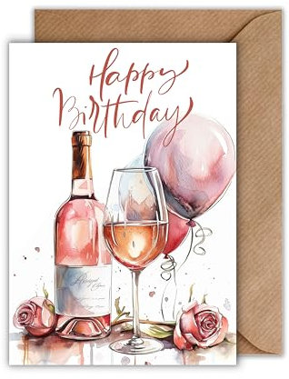 WBdesignz Geburtstagskarte mit Wein & Rosen – DIN A6 – „Happy Birthday“ – edle Aquarellkarte mit Rosé, Luftballons & Blumen – für Frauen, Freundinnen & Weinliebhaberinnen