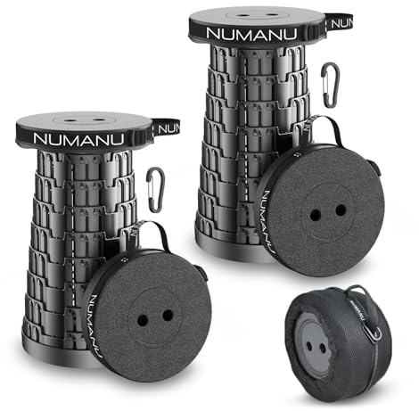 NUMANU 2Pack 2025 Upgraded Collapsible Stool & Dual Carry Bag + Clips, Max 280kg Adjustable Portable Folding Retractable Telescoping Camping Seat, Foldable Telescopic Seat Chair or Travel Footrest