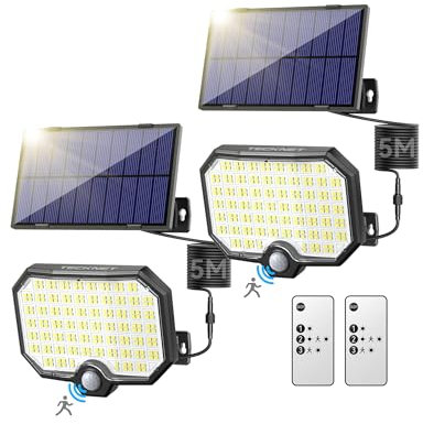 TECKNET 2 Stück Solarlampen für Außen mit Bewegungsmelder, 252 LED Super Helle 3 Modi Solarleuchte Aussen mit 270° Weitwinkelbeleuchtung, IP65 Wasserdichte Solar Wandleuchte für Garten Garage Aussen