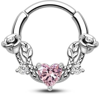 CM Crareesi Mania Septum Daith Piercing Silber Septum Clicker 16G Chirurgenstahl Scharnier Segmentringe 8mm Nasenpiercing Hoop Helix Knorpel Conch Tragus Piecing Ohr Schmuck mit Rosa Herz Zirkon