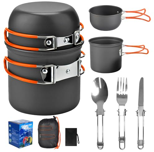 SilverChry Camping Kochgeschirr Set, Essgeschirr Outdoor, Camping Kochgeschirr Set für 1-2 Personen, Outdoor Kochset, Leicht zu Tragen Camping Cooking, für Camping, Kochen im Freien, Wandern, Reisen