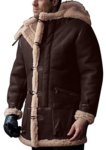 Kunstfell-Sherpa-Fleece-gefütterter Mantel für Herren, Lederjacke mit Kapuze, gepolsterte Jacke, Trucker-Jacken, Schaffell, Winter, dicke Thermo-Oberbekleidung, Decke, gefüttert, Plüsch-Übermantel,