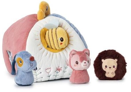 LILLIPUTIENS - Maison d'Activités en Tissu avec 4 Accessoires pour Bébés - Jouet Educatif avec 4 Hochets - 4 Sons - Jeu Cache-Cache et Manipulation - 23cm de Haut - Dès 9 Mois