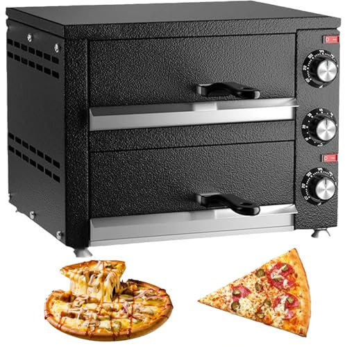 Electric Pizza Oven, 2200W Commercial Double Deck 12 inch Countertop Electric Pizza Oven with Double Layer Drawer, 4 Upper and Lower Heating Tubes, Timer, for Hotel Restaurant Home Baked
