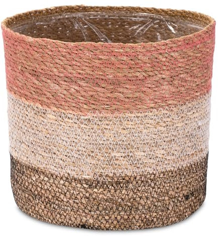 Decorasian Cache-pot en jonc de mer, tressé, panier décoratif avec insert en film de style bohème, rose, blanc, noir, 25 cm