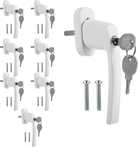 ISOISL Aluminium Fenstergriff 8X Weiß Abschließbar Fenstergriff mit Schloss Schlüssel Kindersicherung in Stiftlänge 35mm, Gleichschließend Windows Balkontürgriff