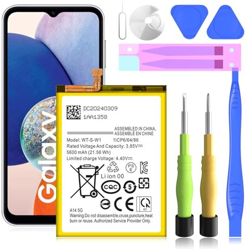 Galaxy A14 5G Batterie de rechange, 5600 mAh, 3,85 V, compatible avec Samsung Galaxy A14 5G SM-A146U SM-A146U1 SM-A146W SM-S146VL SM-A146M WT-S-W1 et kit d'outils